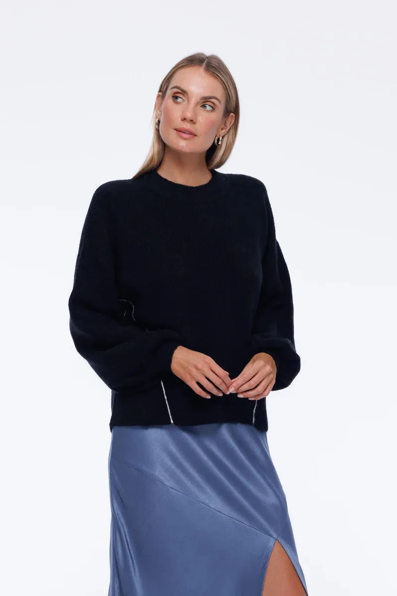 Blak - Viola Sweater, Black/White Stitch