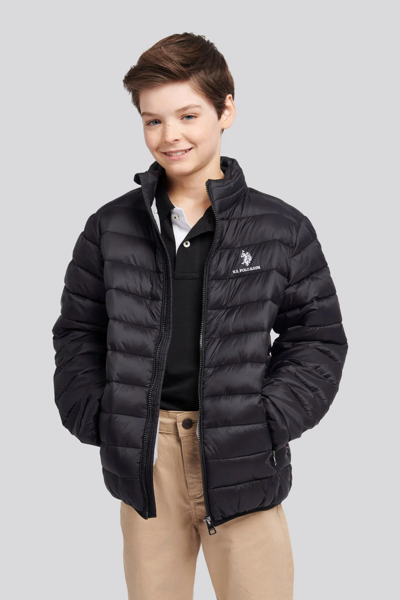 Boys Lightweight Bound Quilted Jacket in Black Bright White DHM