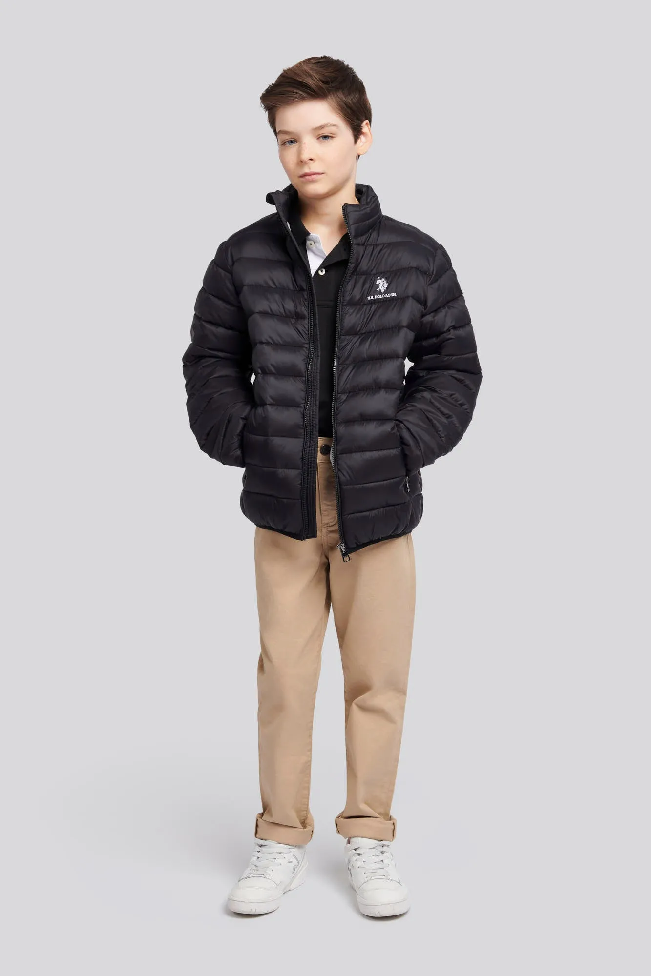 Boys Lightweight Bound Quilted Jacket in Black Bright White DHM