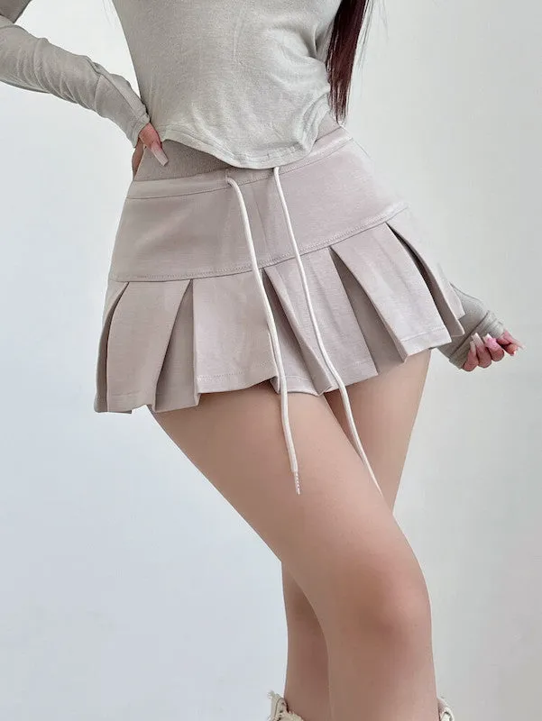 Casual high-waist pleated drawstring mini skirt