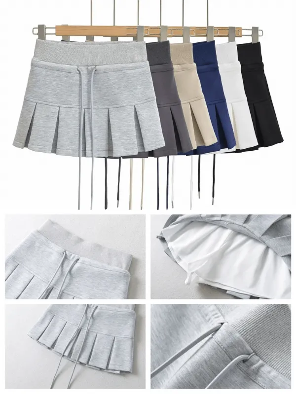 Casual high-waist pleated drawstring mini skirt