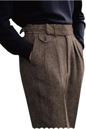 Ceehuteey Men's High Waisted Dress Pants Pleated Front Tweed Retro Wool Trousers