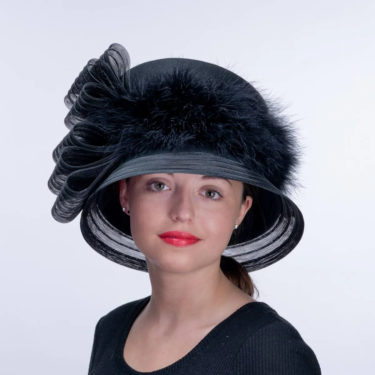 Crinoline Feather Bow Trim Tall Crown Wool Felt Hats: Wine
