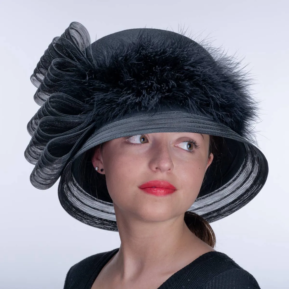 Crinoline Feather Bow Trim Tall Crown Wool Felt Hats: Wine