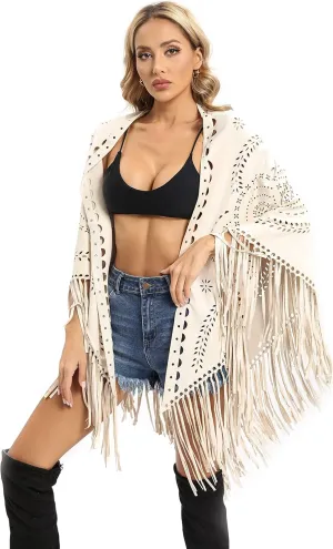 Datangep Fashion Women's Faux Suede Laser Cut Triangle Stoles Cape Shrug Scarf With Tassel Shawls
