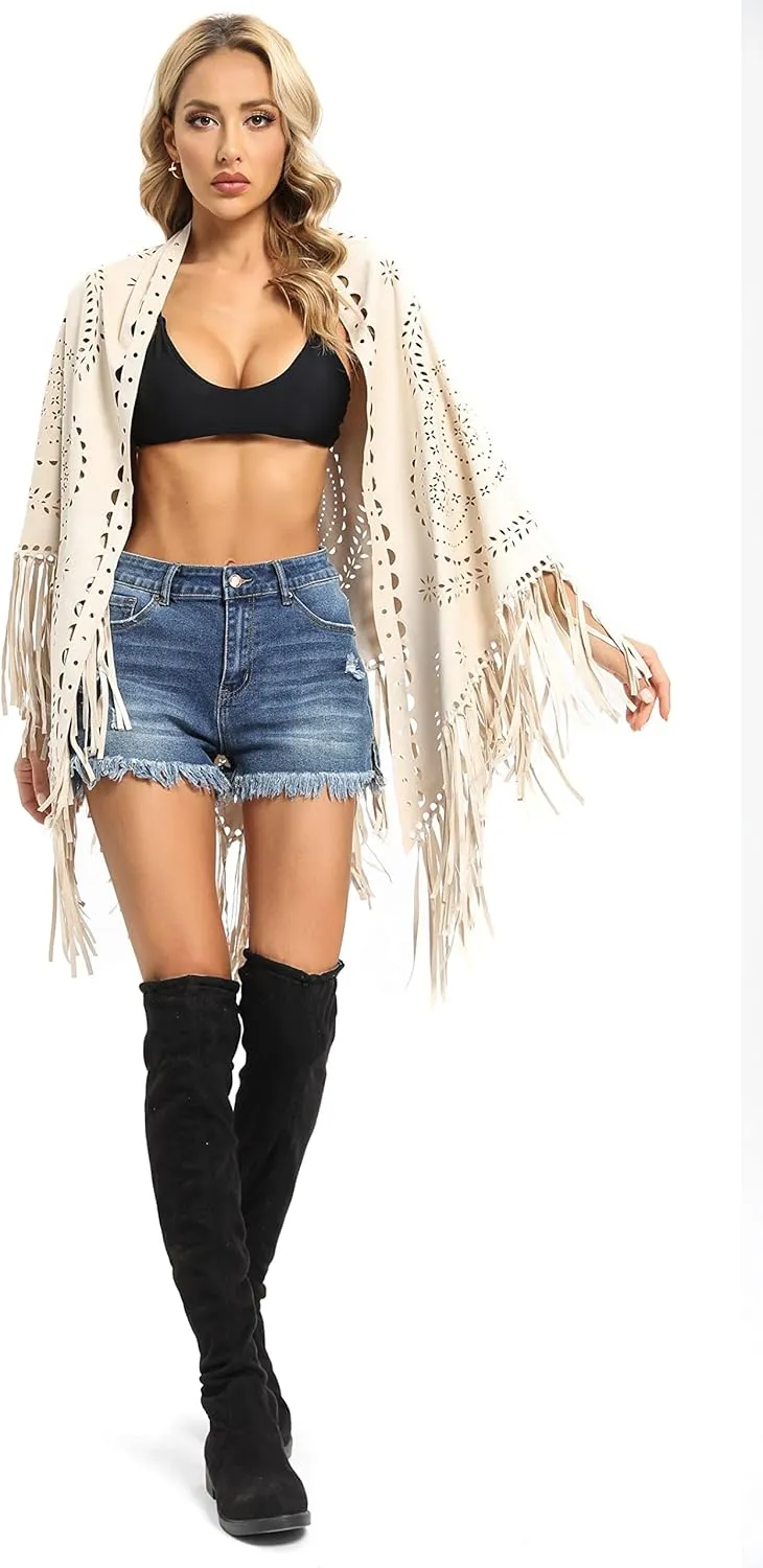 Datangep Fashion Women's Faux Suede Laser Cut Triangle Stoles Cape Shrug Scarf With Tassel Shawls