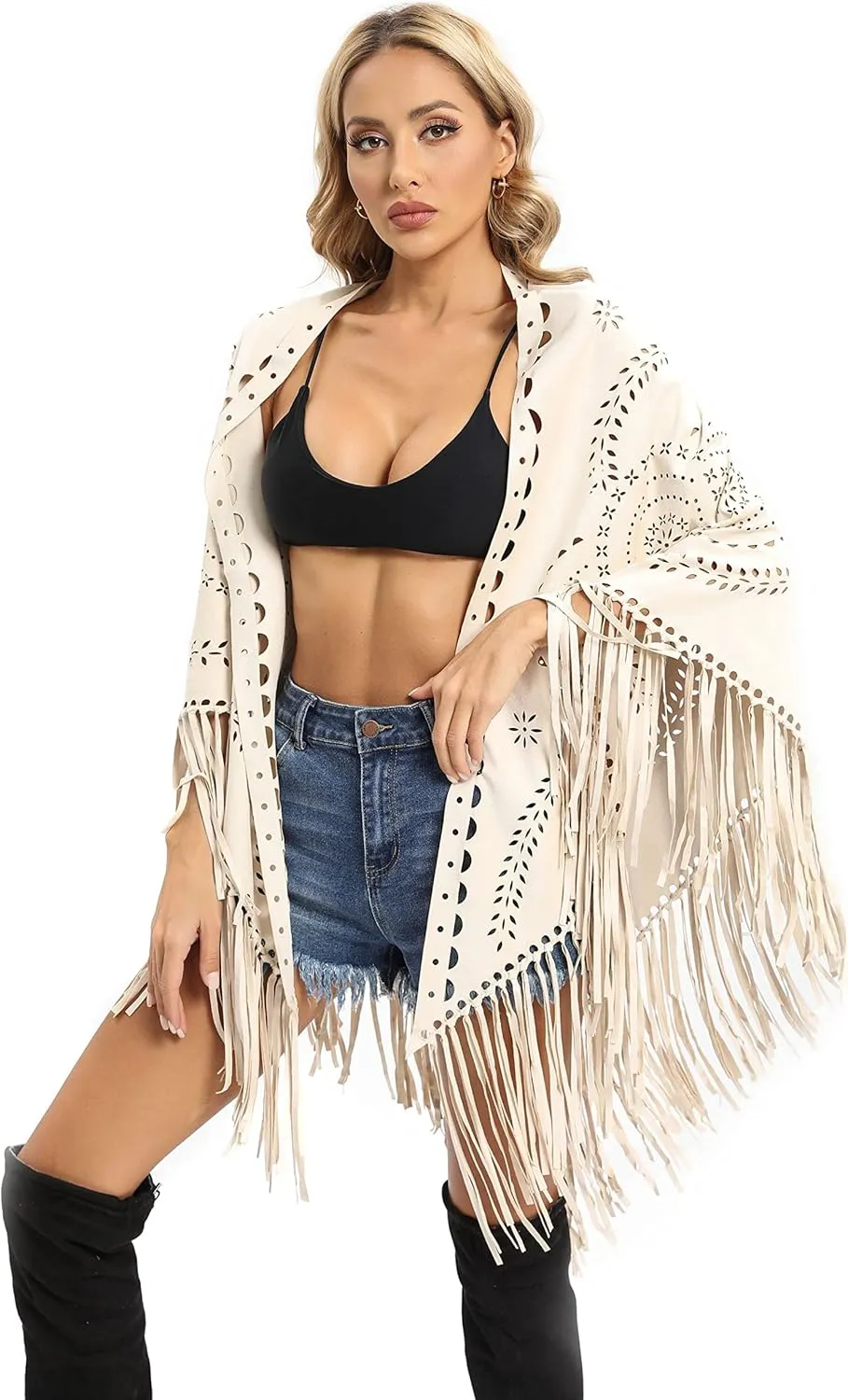 Datangep Fashion Women's Faux Suede Laser Cut Triangle Stoles Cape Shrug Scarf With Tassel Shawls