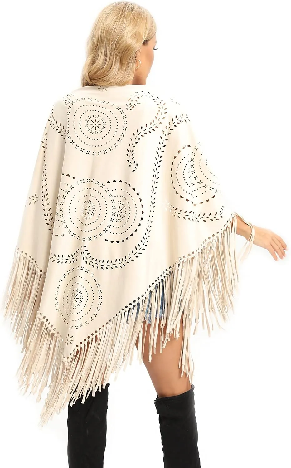 Datangep Fashion Women's Faux Suede Laser Cut Triangle Stoles Cape Shrug Scarf With Tassel Shawls