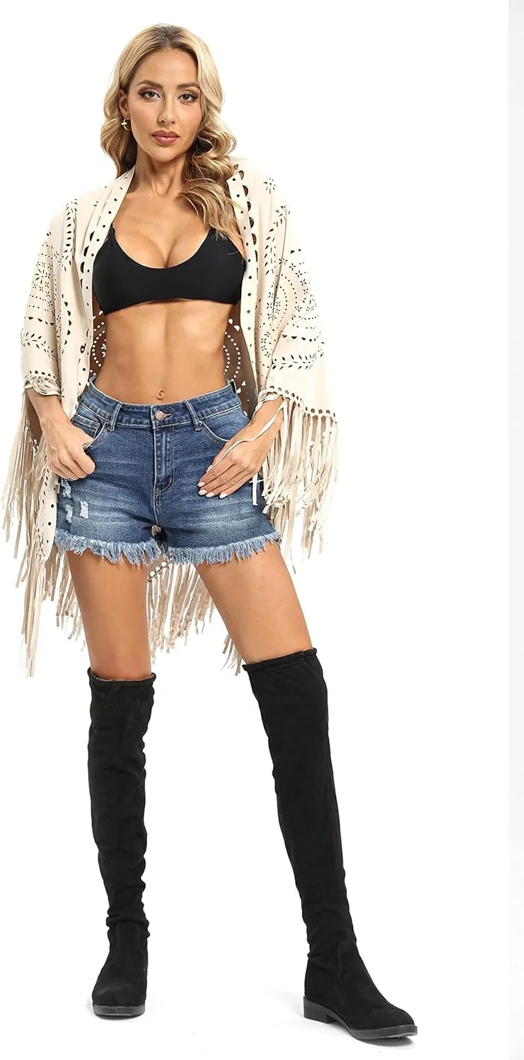 Datangep Fashion Women's Faux Suede Laser Cut Triangle Stoles Cape Shrug Scarf With Tassel Shawls