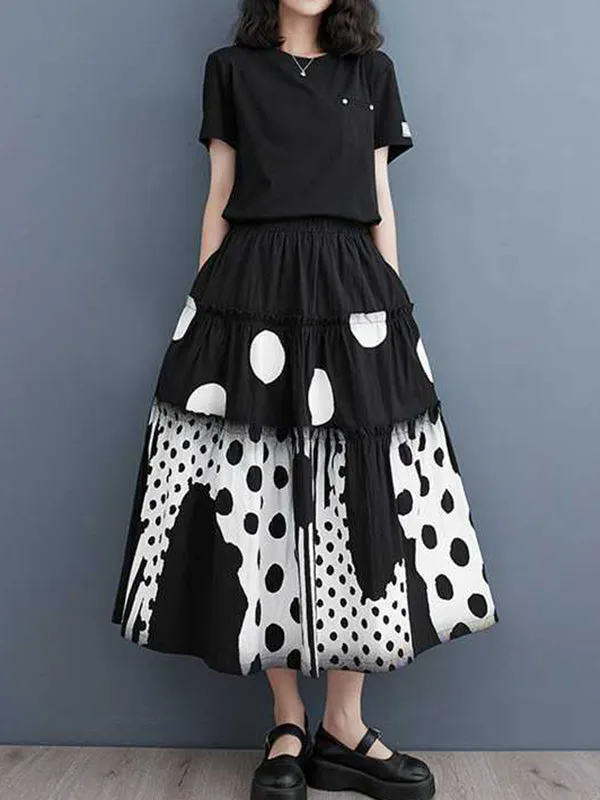 Elasticity Pleated Pockets Polka Dot Printed Ruffled Split-Joint Loose Skirts Bottoms