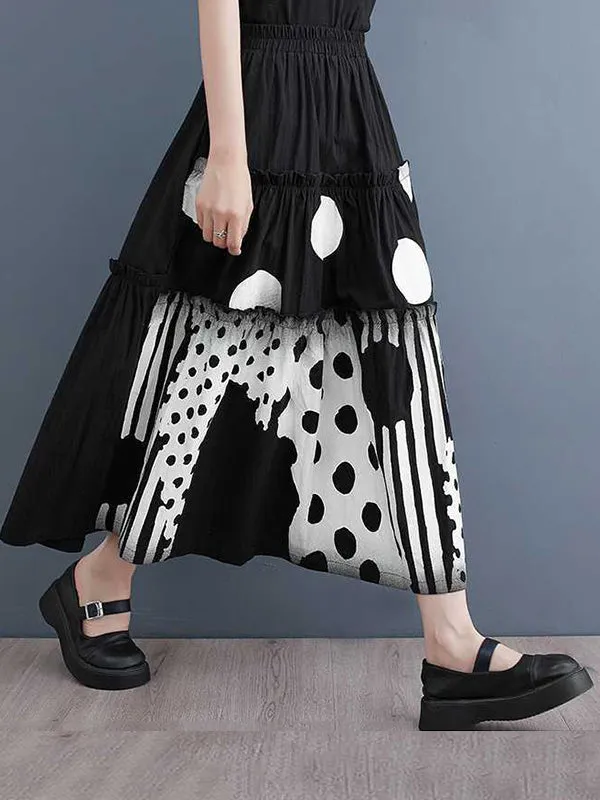 Elasticity Pleated Pockets Polka Dot Printed Ruffled Split-Joint Loose Skirts Bottoms
