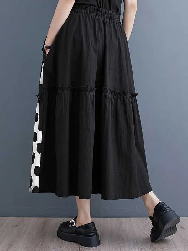 Elasticity Pleated Pockets Polka Dot Printed Ruffled Split-Joint Loose Skirts Bottoms