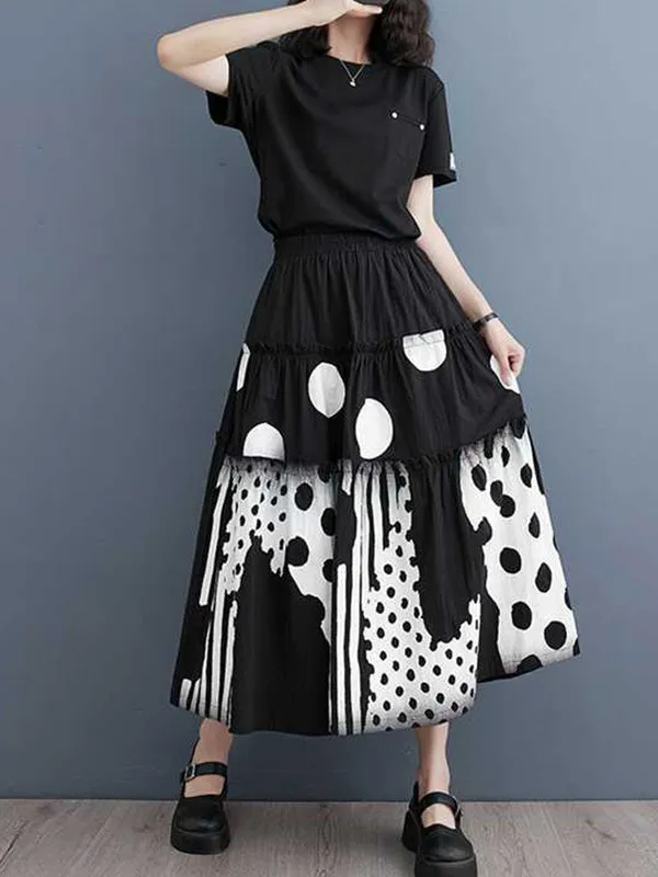 Elasticity Pleated Pockets Polka Dot Printed Ruffled Split-Joint Loose Skirts Bottoms