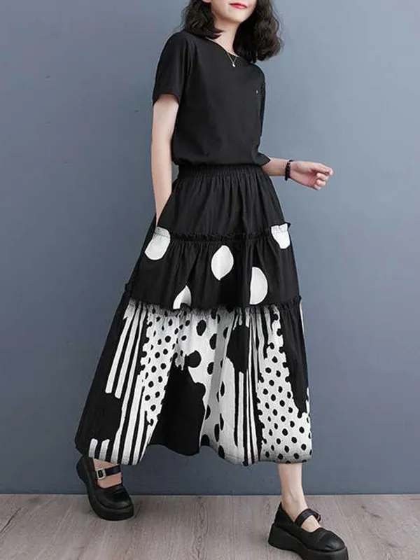 Elasticity Pleated Pockets Polka Dot Printed Ruffled Split-Joint Loose Skirts Bottoms