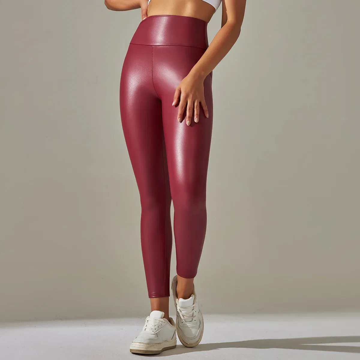 Fashion Women PU Leather Pants High Waist Fleece Leggings