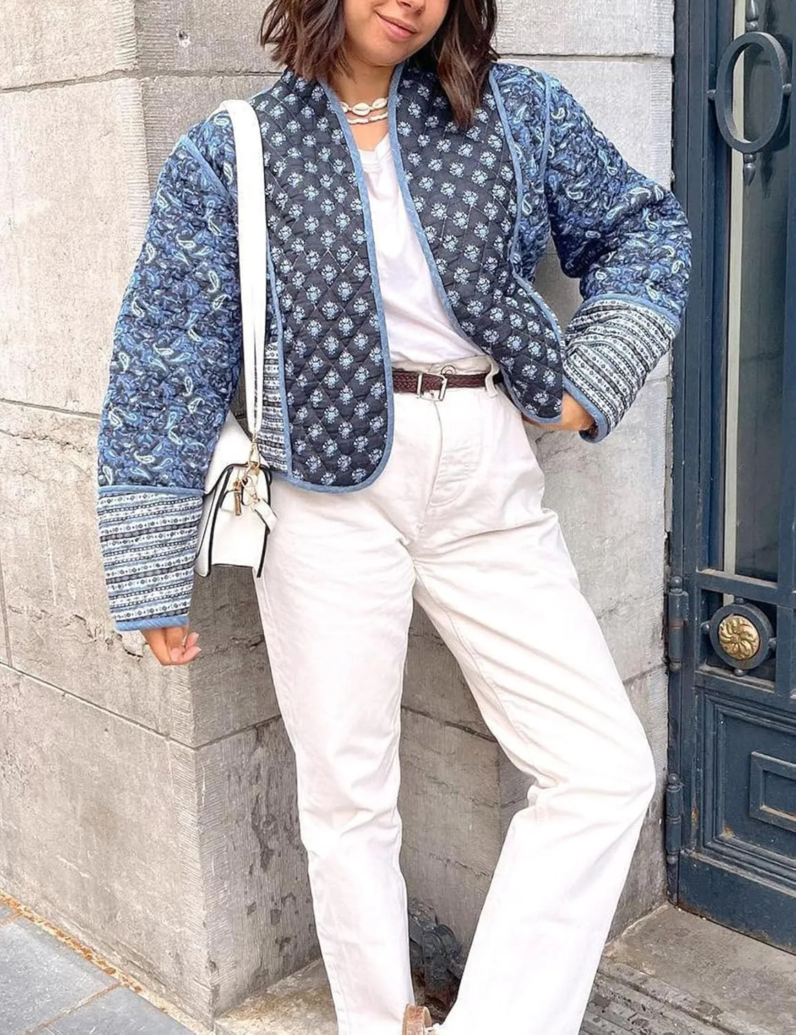 Flygo Women Cropped Puffer Jacket Cardigan Floral Printed Quilted Coats Lightweight Open Front Crop Padded Down Jackets