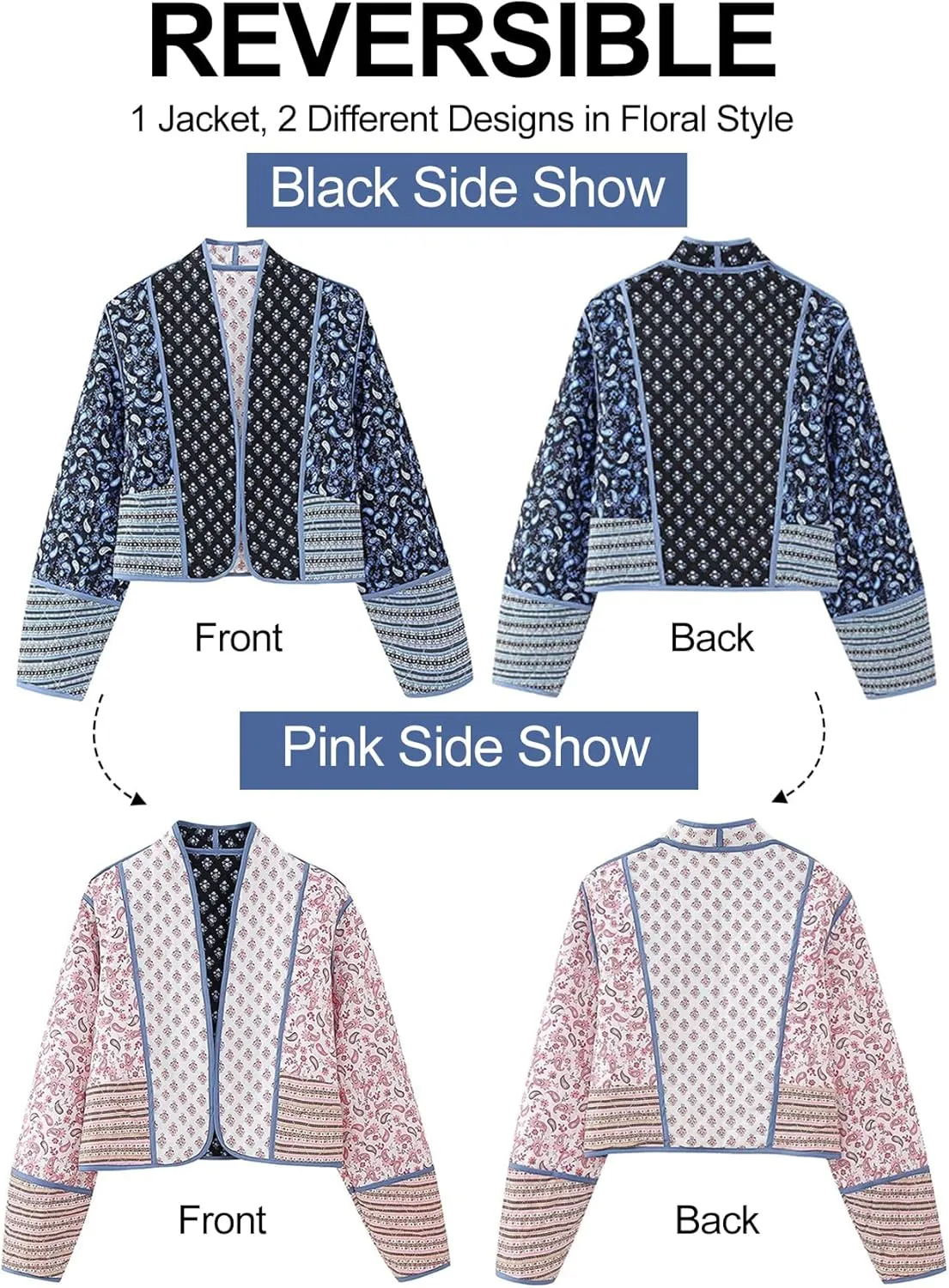 Flygo Women Cropped Puffer Jacket Cardigan Floral Printed Quilted Coats Lightweight Open Front Crop Padded Down Jackets