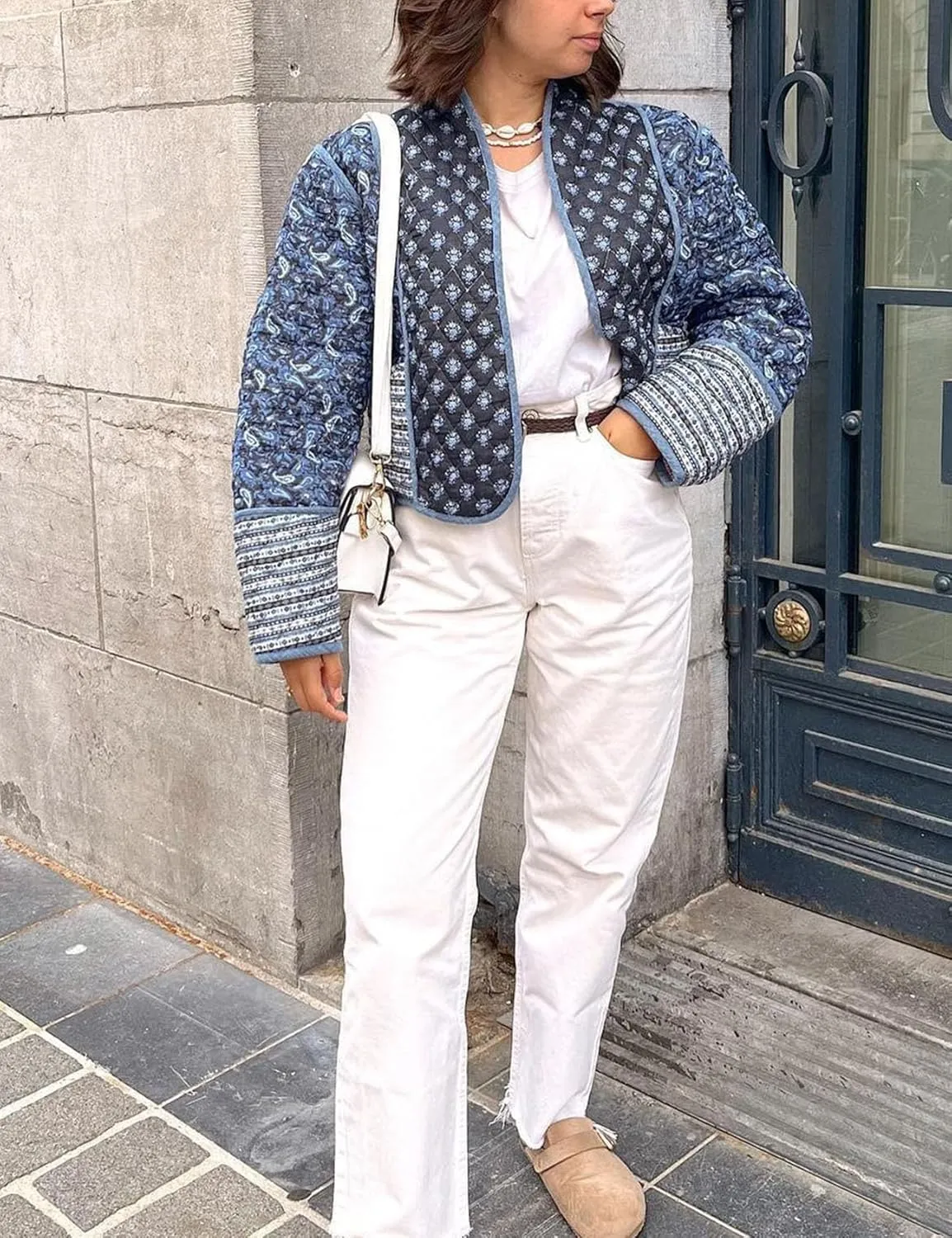 Flygo Women Cropped Puffer Jacket Cardigan Floral Printed Quilted Coats Lightweight Open Front Crop Padded Down Jackets