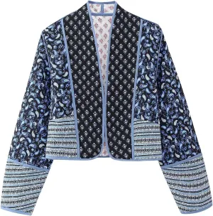 Flygo Women Cropped Puffer Jacket Cardigan Floral Printed Quilted Coats Lightweight Open Front Crop Padded Down Jackets