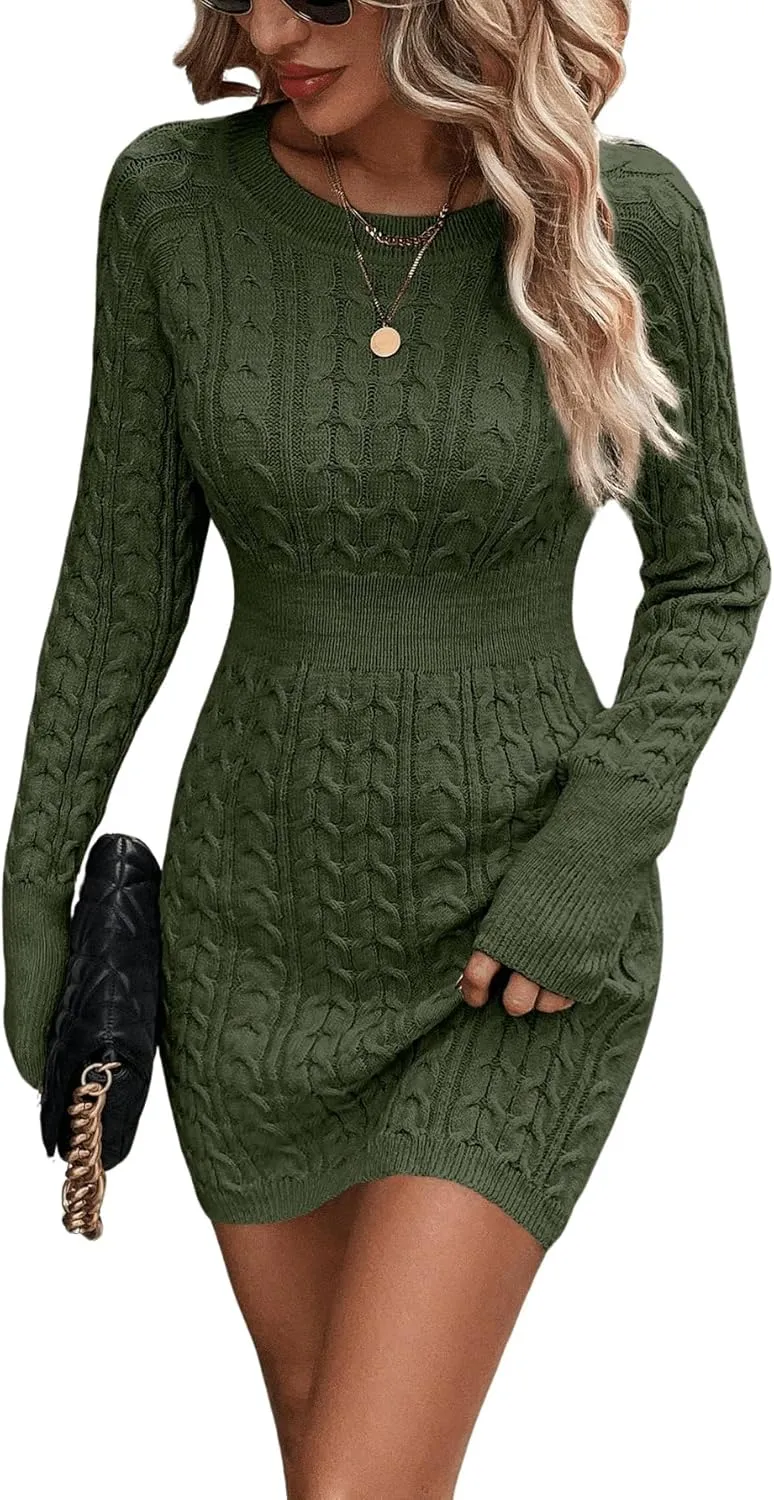 GORGLITTER Women's Cable Knit Sweater Dress Long Sleeve Knit Winter Dresses Crewneck Mini Pencil Dresses