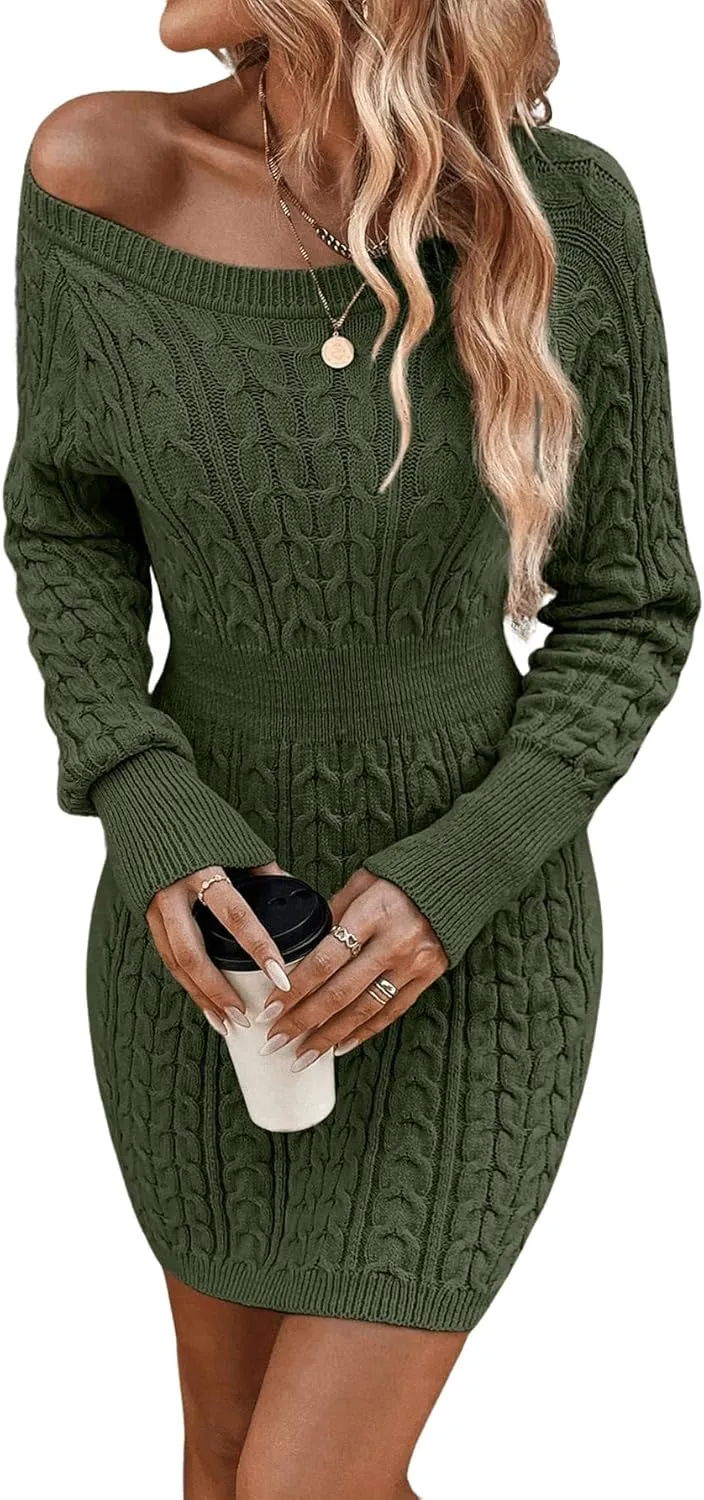 GORGLITTER Women's Cable Knit Sweater Dress Long Sleeve Knit Winter Dresses Crewneck Mini Pencil Dresses