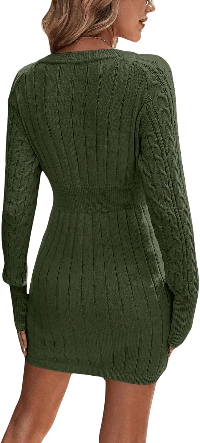 GORGLITTER Women's Cable Knit Sweater Dress Long Sleeve Knit Winter Dresses Crewneck Mini Pencil Dresses