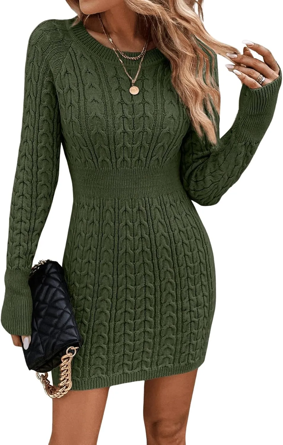GORGLITTER Women's Cable Knit Sweater Dress Long Sleeve Knit Winter Dresses Crewneck Mini Pencil Dresses