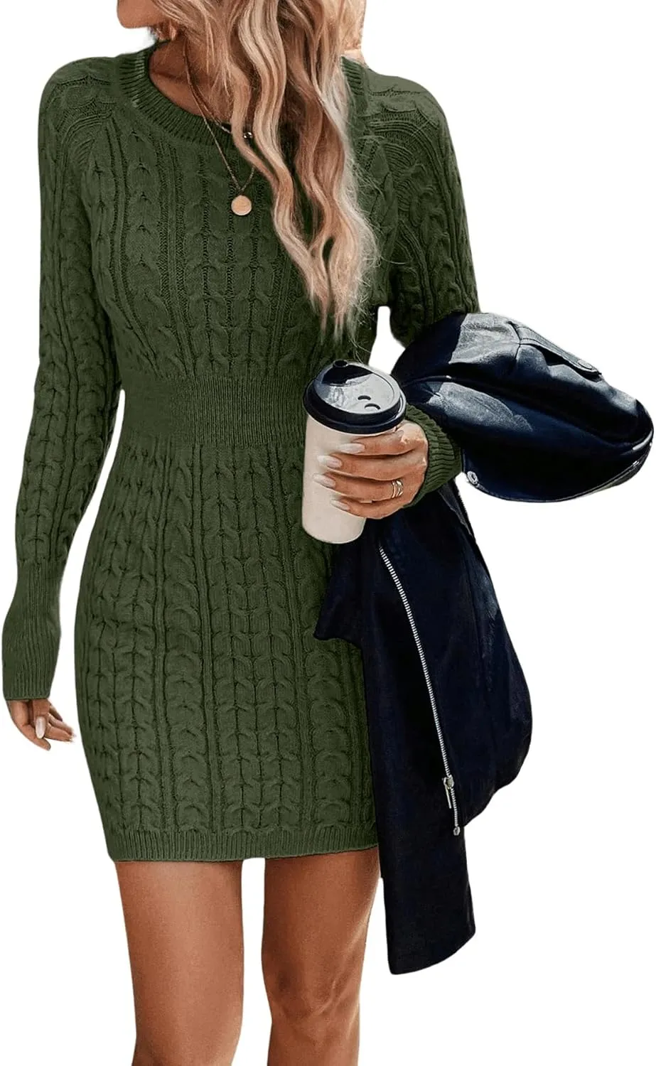 GORGLITTER Women's Cable Knit Sweater Dress Long Sleeve Knit Winter Dresses Crewneck Mini Pencil Dresses