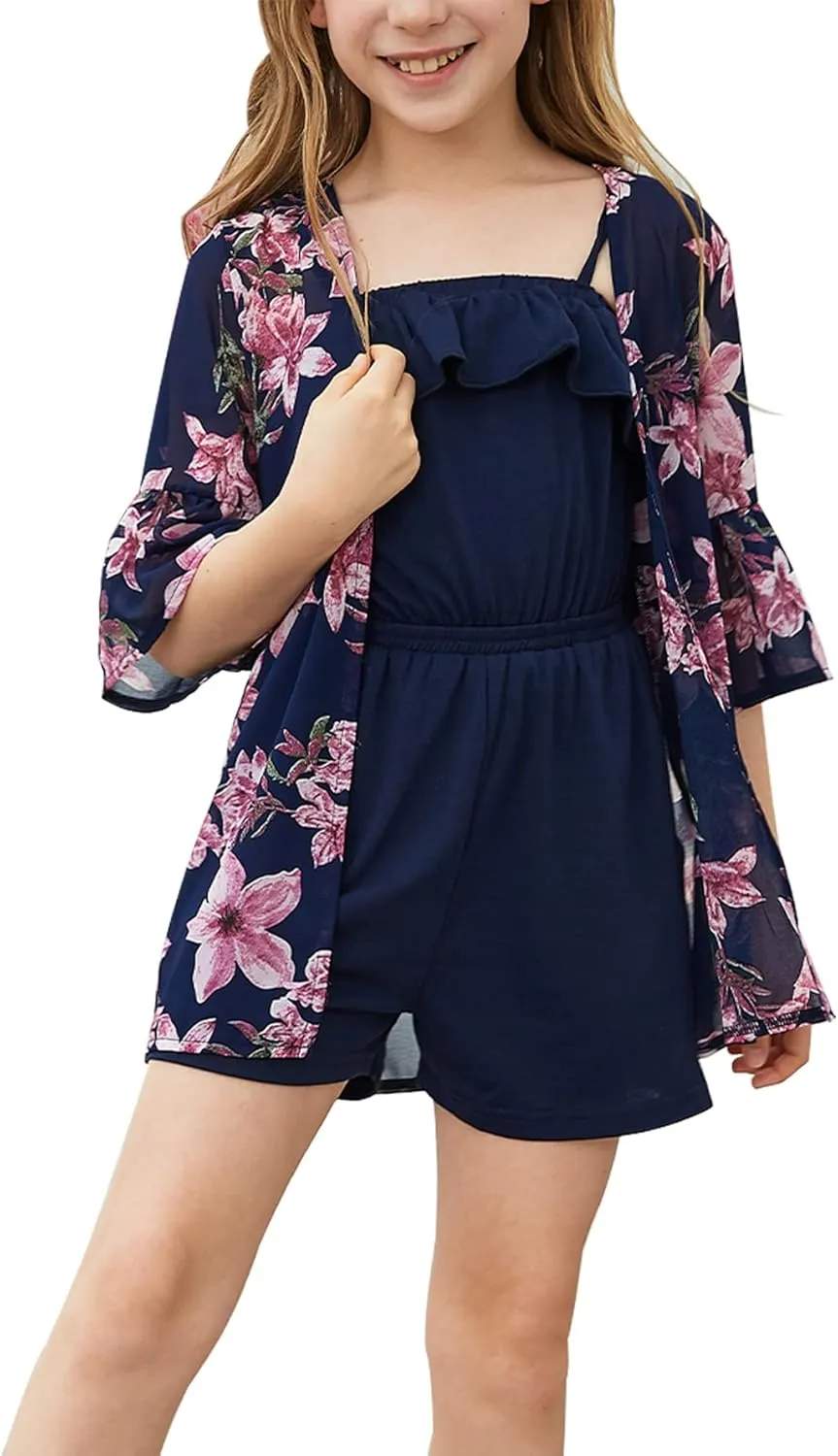 GORLYA Girl's Floral Print Chiffon Beach Cardigan Cover ups Kids Casual Kimono Capes Swimsuit Wraps