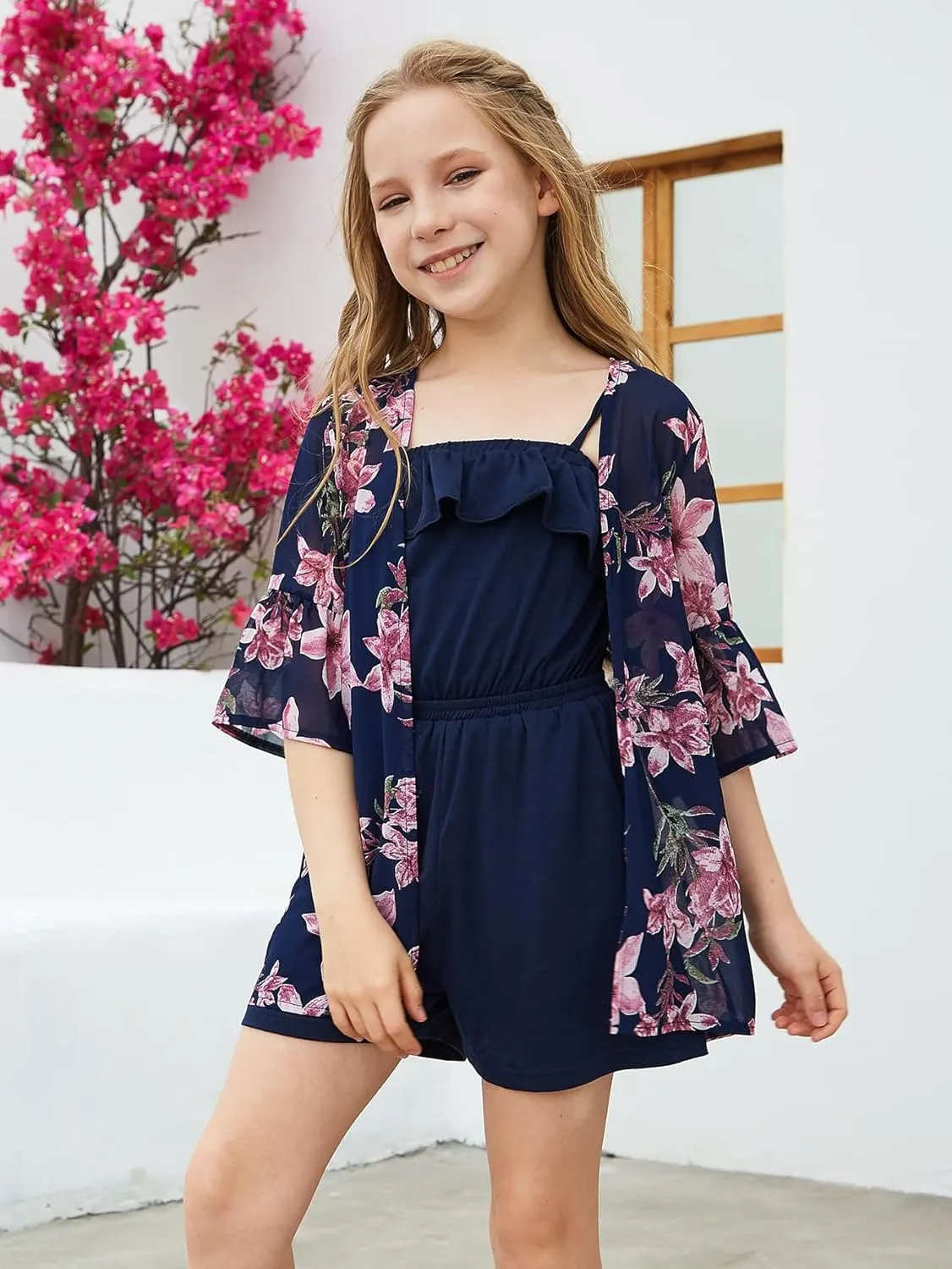 GORLYA Girl's Floral Print Chiffon Beach Cardigan Cover ups Kids Casual Kimono Capes Swimsuit Wraps