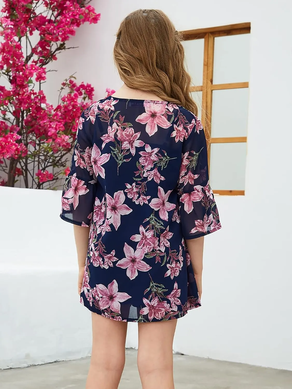 GORLYA Girl's Floral Print Chiffon Beach Cardigan Cover ups Kids Casual Kimono Capes Swimsuit Wraps