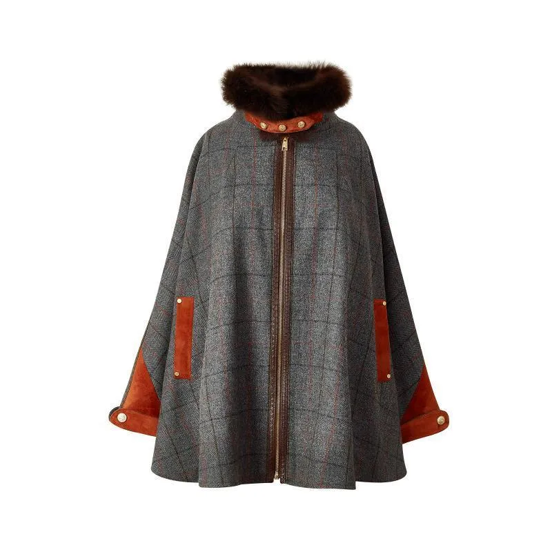 Holland Cooper Chiltern Ladies Tweed Cape - Mid Blue Check