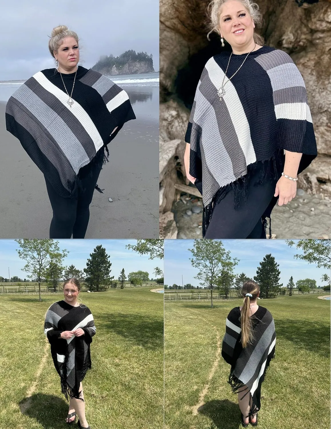 IN'VOLAND Women's Shawl Wraps Knitted Shawl with Fringed Capelet V-Neck Striped Poncho Sweater Pullover Cape for Women