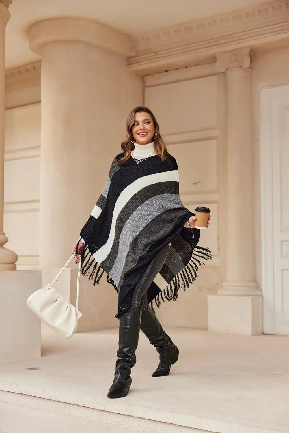 IN'VOLAND Women's Shawl Wraps Knitted Shawl with Fringed Capelet V-Neck Striped Poncho Sweater Pullover Cape for Women