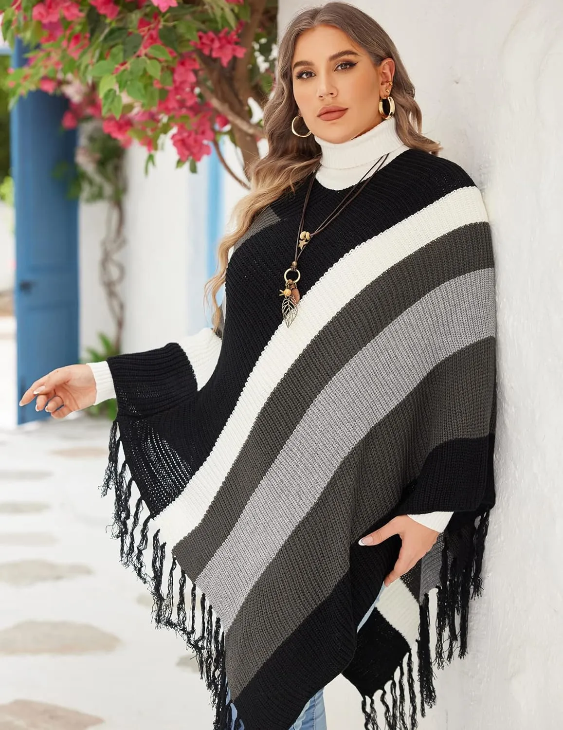 IN'VOLAND Women's Shawl Wraps Knitted Shawl with Fringed Capelet V-Neck Striped Poncho Sweater Pullover Cape for Women