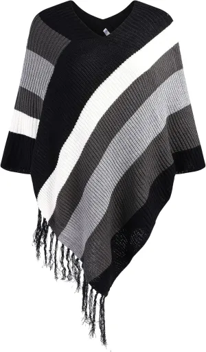 IN'VOLAND Women's Shawl Wraps Knitted Shawl with Fringed Capelet V-Neck Striped Poncho Sweater Pullover Cape for Women