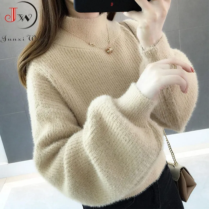 Joskaa Christmas Gift Thick Mohair Women Sweaters Turtleneck Soft Lantern Sleeve Short Pullovers Fashion Autumn Winter Sweater Solid Women Jumpers