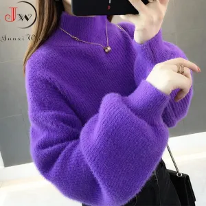 Joskaa Christmas Gift Thick Mohair Women Sweaters Turtleneck Soft Lantern Sleeve Short Pullovers Fashion Autumn Winter Sweater Solid Women Jumpers