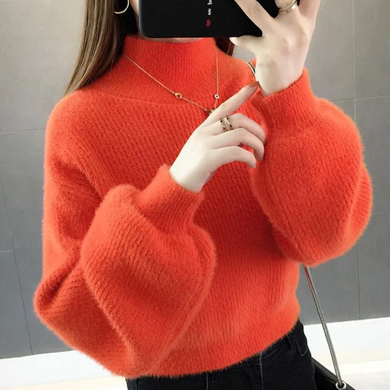 Joskaa Christmas Gift Thick Mohair Women Sweaters Turtleneck Soft Lantern Sleeve Short Pullovers Fashion Autumn Winter Sweater Solid Women Jumpers