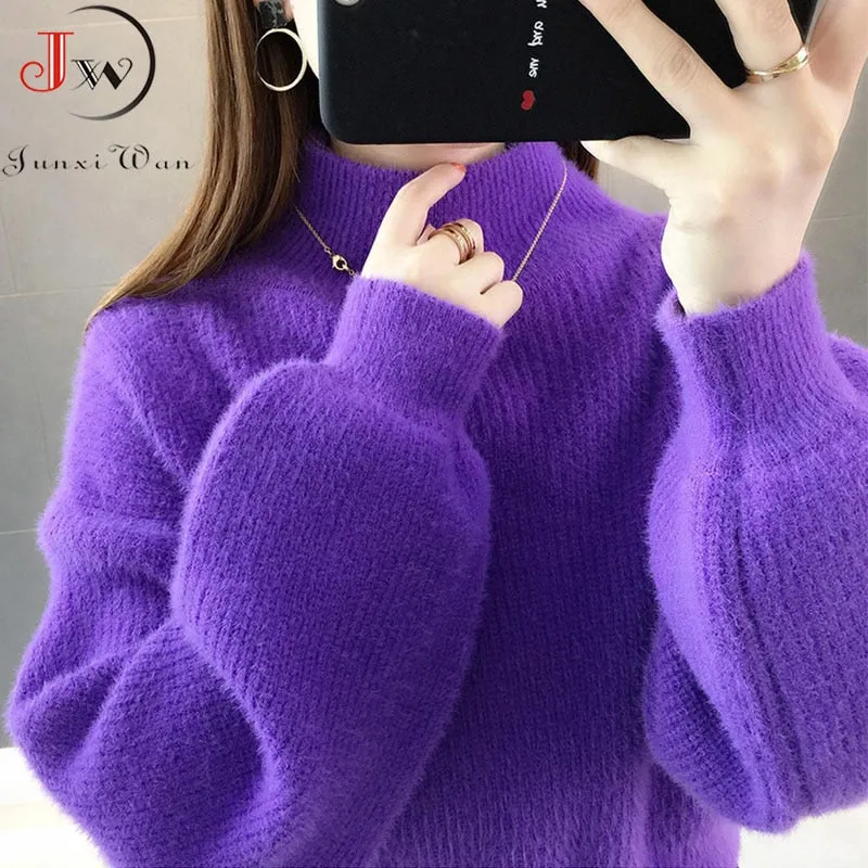 Joskaa Christmas Gift Thick Mohair Women Sweaters Turtleneck Soft Lantern Sleeve Short Pullovers Fashion Autumn Winter Sweater Solid Women Jumpers