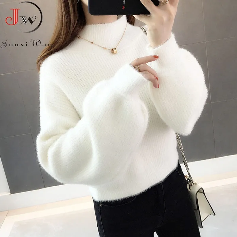 Joskaa Christmas Gift Thick Mohair Women Sweaters Turtleneck Soft Lantern Sleeve Short Pullovers Fashion Autumn Winter Sweater Solid Women Jumpers