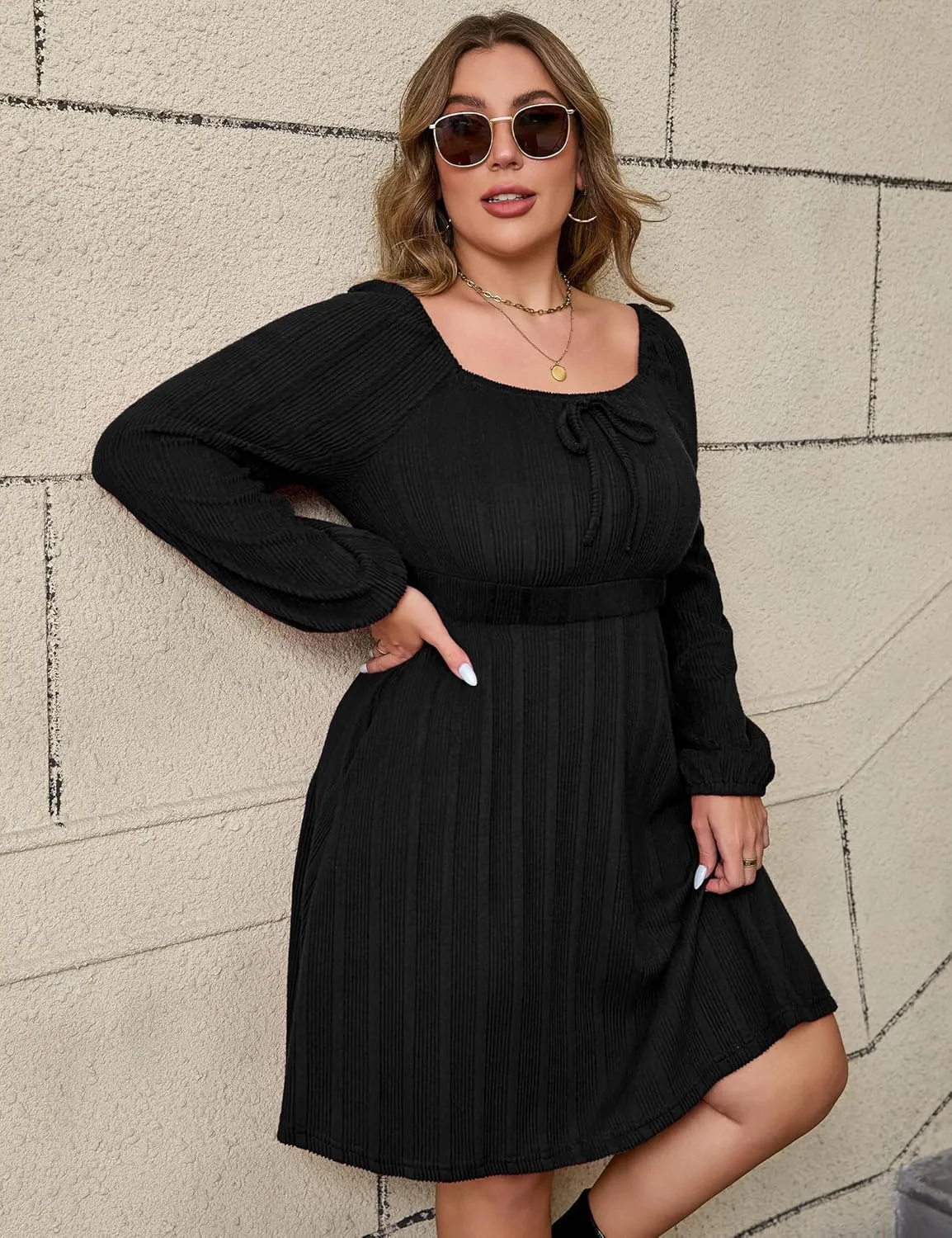 KOJOOIN Womens Plus Size Sweater Knit Dress Square Neck Long Sleeves Tie Front Casual Midi Pullover Fall Dress with Pockets