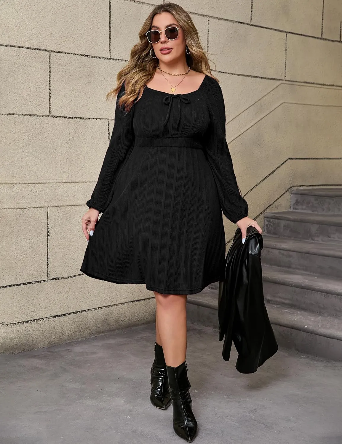 KOJOOIN Womens Plus Size Sweater Knit Dress Square Neck Long Sleeves Tie Front Casual Midi Pullover Fall Dress with Pockets