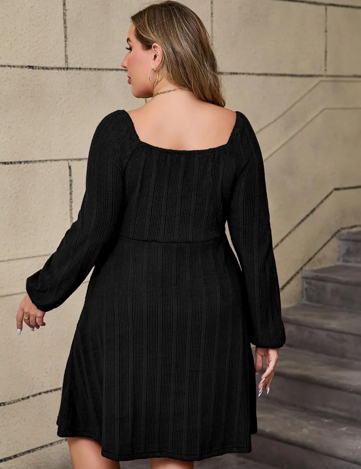 KOJOOIN Womens Plus Size Sweater Knit Dress Square Neck Long Sleeves Tie Front Casual Midi Pullover Fall Dress with Pockets