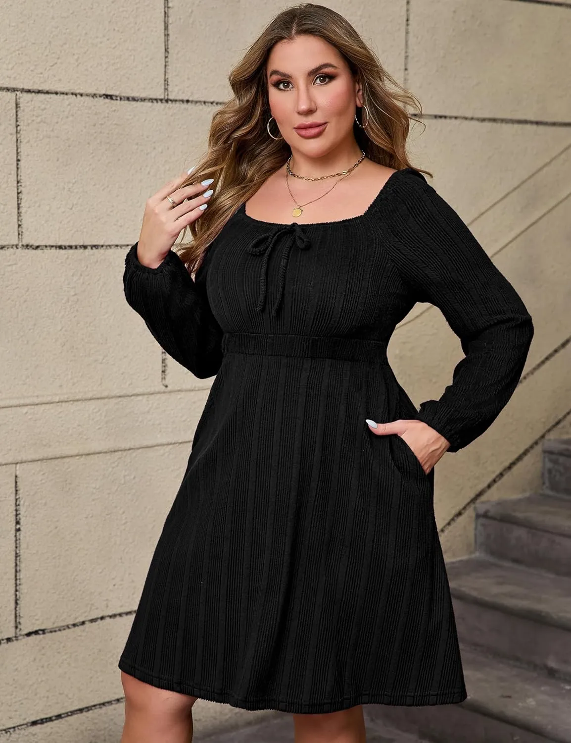 KOJOOIN Womens Plus Size Sweater Knit Dress Square Neck Long Sleeves Tie Front Casual Midi Pullover Fall Dress with Pockets