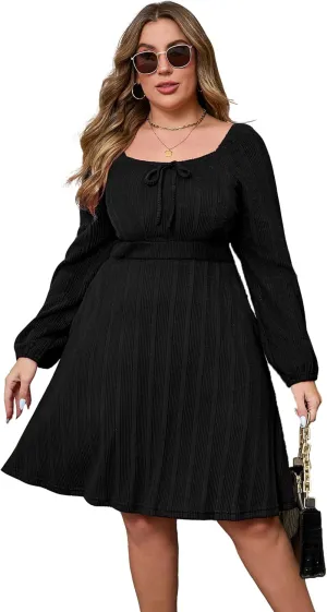 KOJOOIN Womens Plus Size Sweater Knit Dress Square Neck Long Sleeves Tie Front Casual Midi Pullover Fall Dress with Pockets