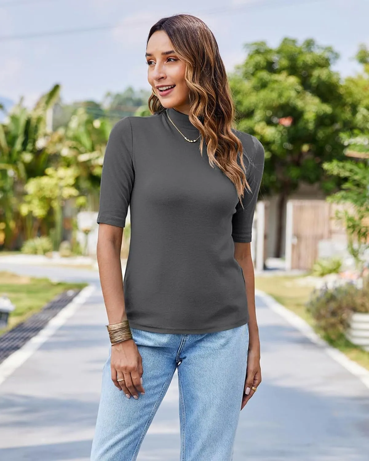 LaLaLa Womens Half Sleeve Mock Turtleneck Tunic Tops Dressy Casual Spring T Shirts Slim Fit Basic Tops