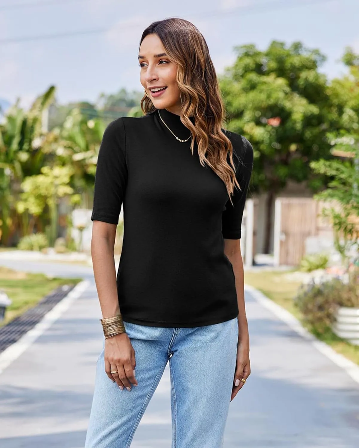 LaLaLa Womens Half Sleeve Mock Turtleneck Tunic Tops Dressy Casual Spring T Shirts Slim Fit Basic Tops