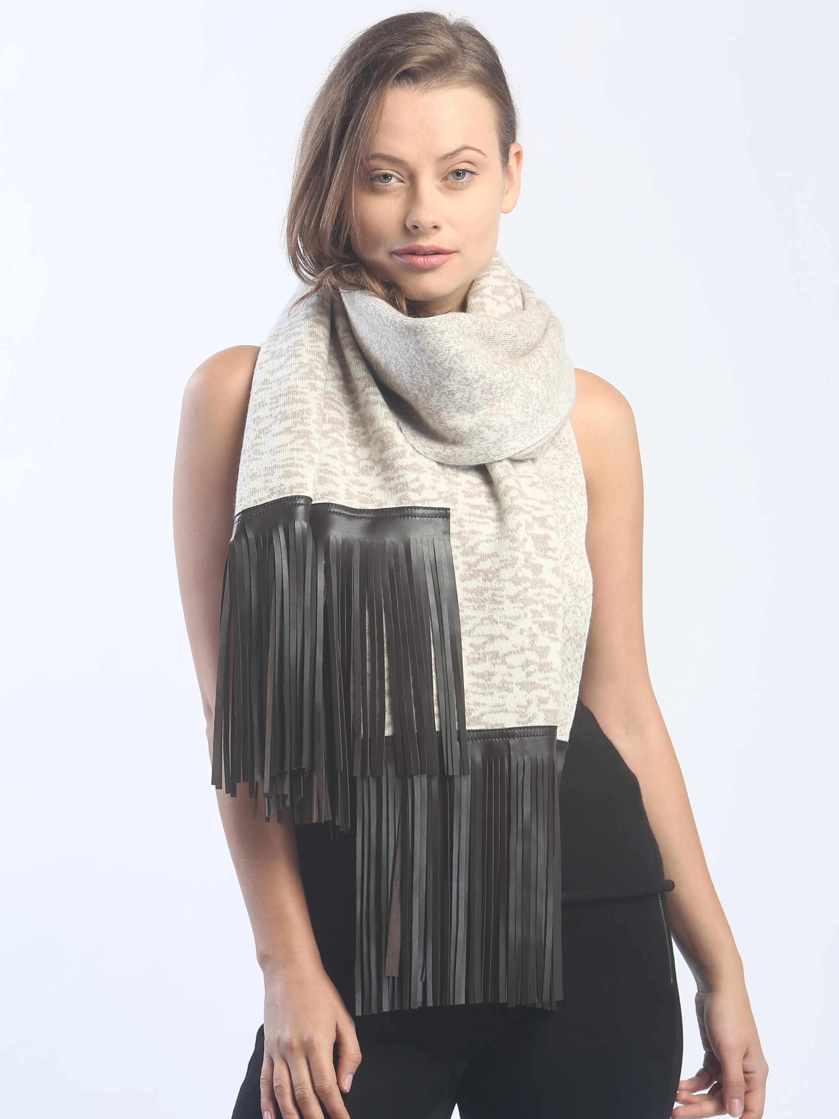 Leather Fringed Jacquard Wrap
