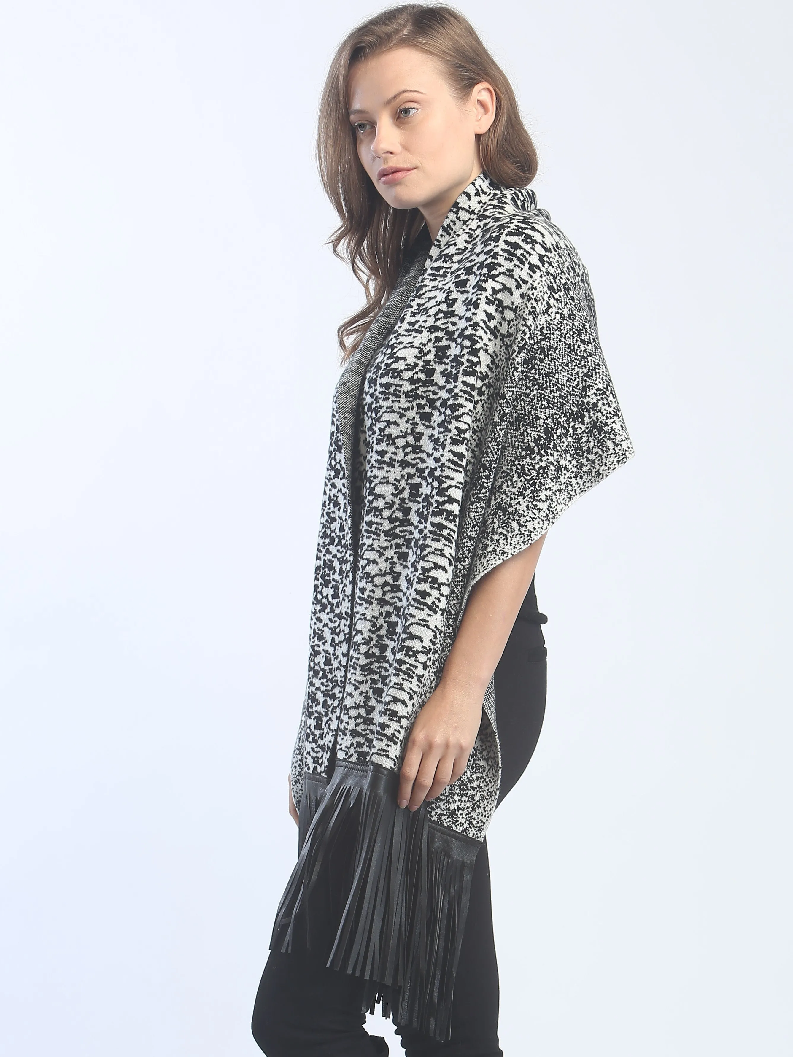 Leather Fringed Jacquard Wrap